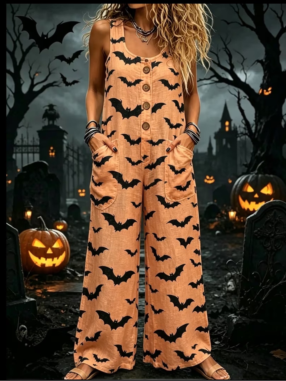 (A4) NIP Bat Print Lightweight Jumpsuit